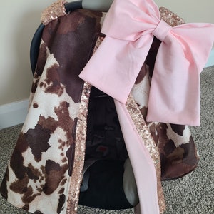 Western Cow Blush Carseat Cover, Sequin carseat cover, Cow blush Car Seat Canopy, Baby Shower Gift