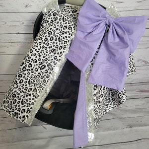 Snow Leopard Lavender Car Seat Cover, Silver Sparkle Sequin Car Seat Cover, Baby Girl Car Seat Canopy, Last One - READY TO SHIP