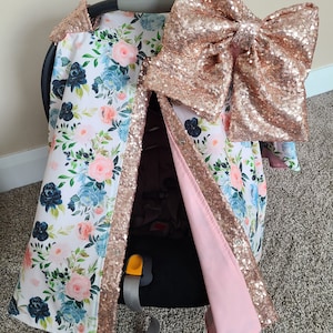 Navy coral Car Seat Cover, Floral Rose Gold Sparkle Sequin, Personalized Baby Shower Gift, Baby Girl Car Seat Canopy, READY TO SHIP