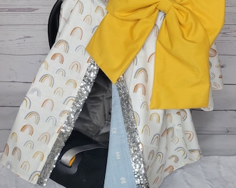 Rainbow Car Seat Cover: Baby Girl Canopy with Bow