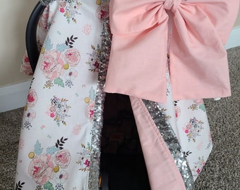 Elegant Floral Carseat Cover, Silver Sequin Car Seat Cover, Personalized Baby Shower Gift, Baby Girl Car Seat Canopy - READY TO SHIP
