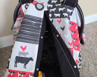 Farm Animals and Black Carseat Cover, Personalized Baby Shower Gift, Baby Boy Car Seat Canopy READY TO SHIP