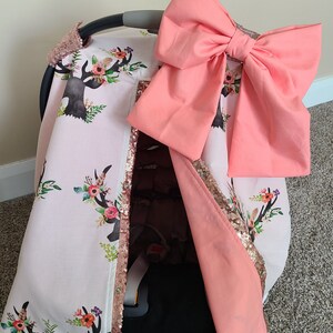 Floral Deer Sparkle Carseat Cover Canopy, Newborn Girl Gift, Baby Shower Gift, Baby Girl Car Seat Canopy