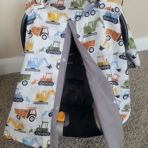 Baby Carseat Cover, ConstructionTrucks with Grey, Baby Shower Gift, Baby Boy Car Seat Canopy