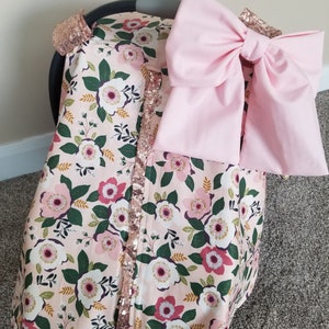 Peachy floral Carseat Cover, Peach Flowers w/ Rose Gold Sparkle, Personalized Baby Shower Gift Baby Girl Car Seat Canopy
