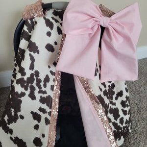 Blush Cow Carseat Cover, Personalized Baby Shower Gift, Baby Girl Car Seat Canopy