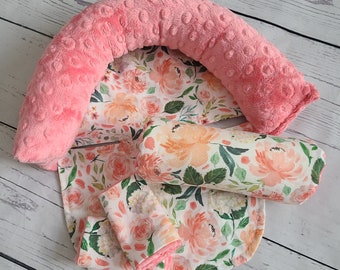 Coral Floral Baby Car Seat Cover Bundle Set - Infant Car Seat Cushions - Infant Head Support Pillow - Arm Cushion - Infant Strap Covers