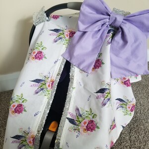 Feather Floral Carseat Cover, Sequin Sparkle Carseat Cover, Personalized Baby Shower Gift, Baby Girl Car Seat Canopy