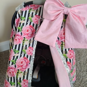 Baby Carseat Cover, Floral with Stripes, Newborn Girl Gift, Baby Shower Gift, Baby Girl Car Seat Canopy, READY TO SHIP
