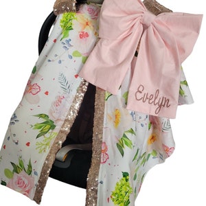 Floral Carseat Cover, Blush Lavender Flower w/ Rose Gold Sparkle, Personalized Baby Shower Gift, Baby Girl Car Seat Canopy, READY TO SHIP