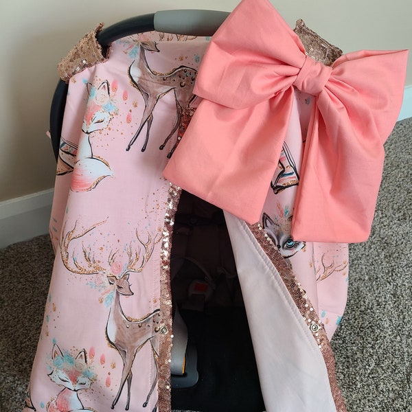 Woodland Coral Fox Teepee Carseat Cover, Newborn Girl Gift, Baby Shower Gift, Baby Girl Carseat Canopy