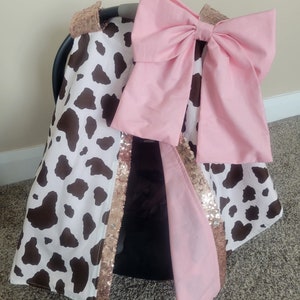 Baby Car Seat Cover Canopy, Pink Cow w/ Rose Gold Sparkle, Personalized Baby Shower Gift, Baby Girl Car Seat Canopy READY TO SHIP