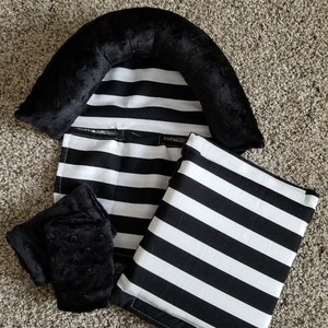 Black Stripe Baby Car Seat Cover Bundle Set - Infant Car Seat Cushions - Infant Head Support Pillow - Arm Cushion - Infant Strap Covers