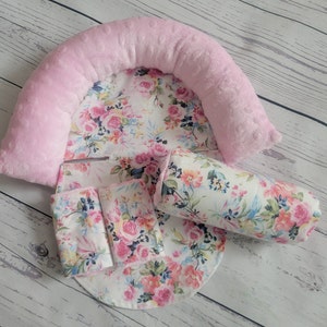 Pink Floral Baby Car seat Cover Bundle Set, Infant Car Seat Cushions, Infant Head Support Pillow, Arm Cushion, Infant Strap Covers