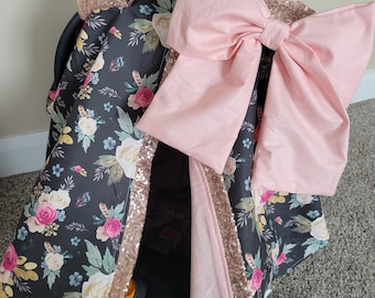 Boho carseat cover, Feather Floral w/ Rose Gold Sparkle, Personalized Baby Shower Gift, Baby Girl Car Seat Canopy READY TO SHIP