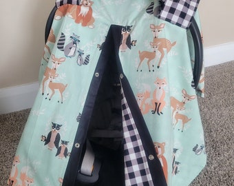 Funda para asiento de coche con diseño de oso y zorro, estilo bosque y cuadros, funda para asiento de coche para niño, toldo para asiento de coche con diseño de oso, ciervo y mapache, LISTO PARA ENVÍO