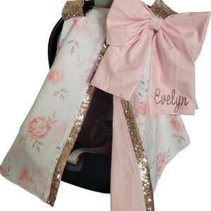 Blush Flower Carseat Canopy, Floral w/ Rose Gold Sparkle, Personalized Baby Shower Gift, Baby Girl Car Seat Canopy READY TO SHIP