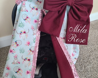 Flowers and skulls Carseat Cover, Stag Longhorn Floral w/ Pink Sparkle, Personalized Baby Shower Gift, Baby Girl Car Seat Canopy