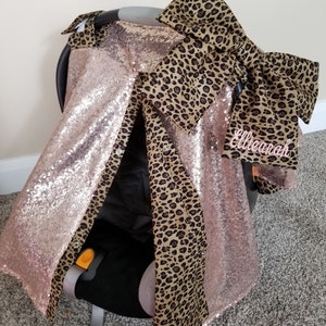 Rose Gold and Leopard Carseat Cover, Cheetah w/ Rose Gold Sparkle, Baby Shower Gift, Baby Girl Car Seat Canopy, Baby Shower Gift