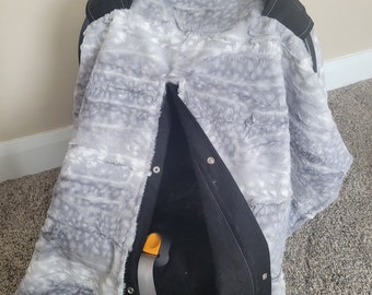 Silver Fawn Fur and Black Car seat Canopy, Baby Shower Gift, Baby Boy Car Seat