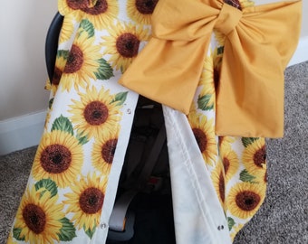 Sunflower Car Seat Cover: Ivory Baby Canopy with Bow