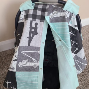 Grey Mint Lineman Baby Boy Carseat Cover Canopy, Baby Shower Gift, Electricity Print