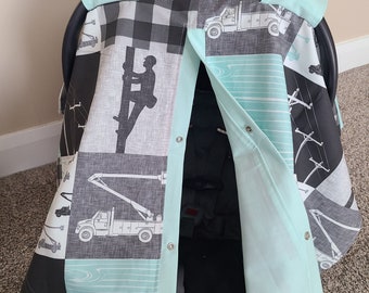 Grey Mint Lineman Carseat Cover, Baby Shower Gift, Baby Boy Car Seat Canopy