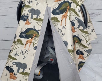 Baby zoo Carseat Cover, Safari w/ Grey, Personalized Baby Shower Gift, Baby Boy Car Seat Canopy