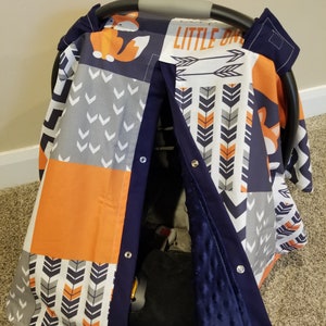 Woodland Fox Carseat Cover, Fox and Navy Minky, Baby Shower Gift, Baby Boy Car Seat