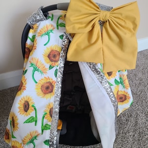 Funda para asiento de coche de bebé niña con diseño de girasoles y lentejuelas, bordado personalizado, regalo para recién nacida, lentejuelas plateadas brillantes