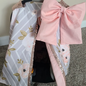 Floral Car seat Cover - Grey Diamond Floral w/ Rose Gold Sparkle - Personalized Baby Shower Gift - Baby Girl Car Seat Canopy - READY TO SHIP