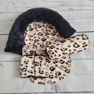 Blush Cheetah Baby Car Seat Cover Bundle Set - Infant Car Seat Cushions - Infant Head Support Pillow - Arm Cushion - Infant Strap Covers