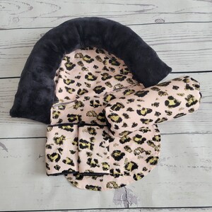 Blush Cheetah Baby Car Seat Cover Bundle Set - Infant Car Seat Cushions - Infant Head Support Pillow - Arm Cushion - Infant Strap Covers