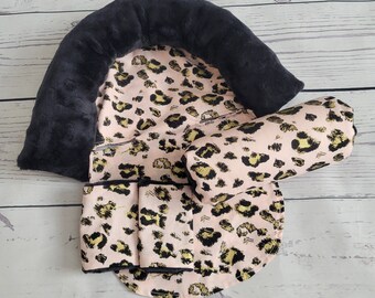 Blush Cheetah Baby Car Seat Cover Bundle Set - Infant Car Seat Cushions - Infant Head Support Pillow - Arm Cushion - Infant Strap Covers