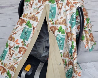 Woodland Carseat Cover, Deer Cabin w/ Tan, Personalized Baby Shower Gift, Baby Boy Car Seat Canopy, READY TO SHIP