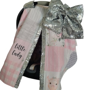 Funda para asiento de coche con diseño de cerdito, cerdito con flores de granja y destellos plateados, regalo personalizado para baby shower, toldo para asiento de coche de niña, LISTO PARA ENVÍO