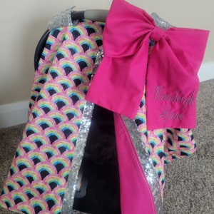 Funda para asiento de coche de bebé arcoíris rosa con brillo plateado, regalo personalizado para baby shower, capota para asiento de coche de niña, lista para enviar