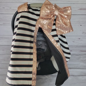 Rose Gold Stripe Car Seat Cover, Rose Gold Black Stripe Sequin Car Seat Cover, Baby Girl Car Seat Canopy, READY TO SHIP