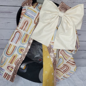 Mustard Rainbow Carseat Cover, Newborn Girl Gift, Baby Shower Gift, Sparkle Car Seat Cover for Baby Girl READY TO SHIP
