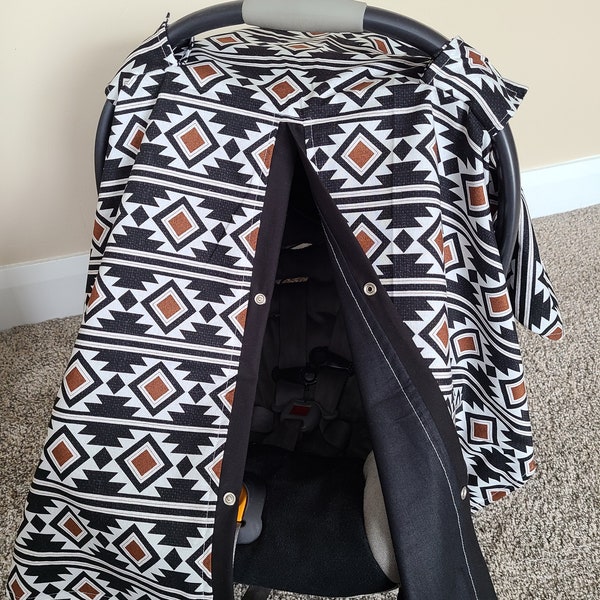 Rust Black Aztec Carseat Canopy, Black and Rust Aztec, Baby Shower Gift, Baby Boy Car Seat Cover