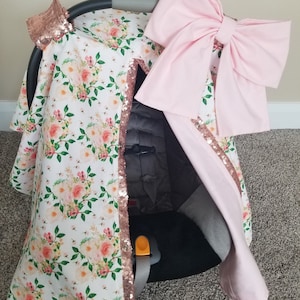 Peach Flower & Blush Girl Car Seat Cover, Floral Sequin with Rose Gold Sparkle Carseat Canopy, Gifts for Newborn, READY TO SHIP