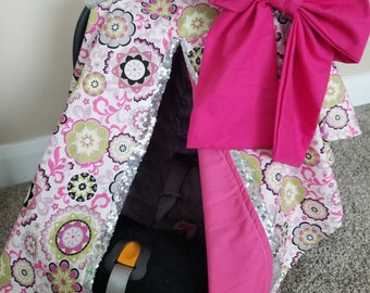 Bright Floral and Hot Pink Carseat Cover, Silver Sequin Girl Carseat Accessory, Baby Shower Gift, READY TO SHIP