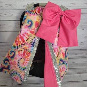 Pink and Purple Carseat Cover, Tie Dye w/ Silver Sequin Car Seat Canopy, Baby Girl Car Seat Canopy, READY TO SHIP