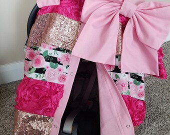 Striped Hot Pink Floral Car Seat Cover - Sequin Carseat Cover - Gifts for Newborn - Baby Girl Car Seat Canopy - READY TO SHIP