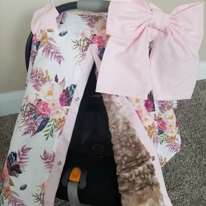 Boho Floral with Fawn Fur Carseat Cover, Baby Shower Gift, Baby Girl Car Seat Canopy, Personalized Gift