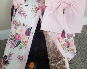 Boho Floral with Fawn Fur Carseat Cover, Baby Shower Gift, Baby Girl Car Seat Canopy, Personalized Gift
