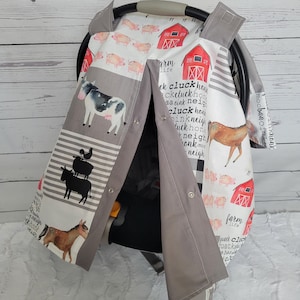 Farm Car Seat Cover - Cow Barn Tractor w/ Grey - Personalized Baby Shower Gift - Baby Boy Car Seat Canopy