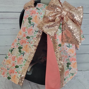 Peach Coral Flower Carseat Cover, Baby Shower Gift, Baby Girl Car Seat Canopy