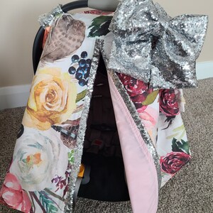Feather and Floral Carseat Canopy - Floral w/ Silver Sparkle, Baby Shower Gift - Baby Girl Car Seat Canopy READY TO SHIP
