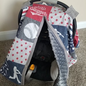 Baseball and Grey Minky Car seat Canopy, Baby Shower Gift, Baby Boy Carseat Cover Car Seat